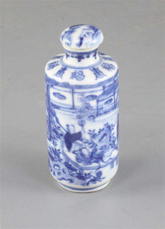 A Chinese blue and white snuff bottle and stopper, 19th century, 8cm including stopper, fault to foot